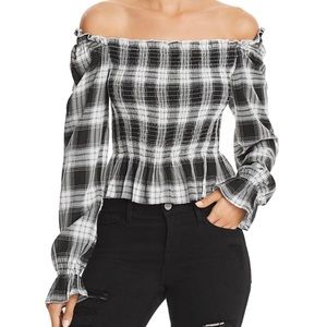 Plaid Checkered Off the Shoulder Puff Sleeve Top